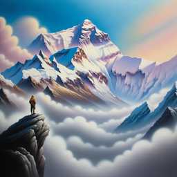 someone gazing at Mount Everest, airbrush painting generated by DALL·E 2